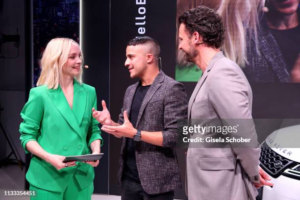 Janin Ullmann and Kostja Ullmann and Stephan Luca during the presentation of the new Range Rover Evoque at Berlin Bridge Studios on March 28, 2019 in...
