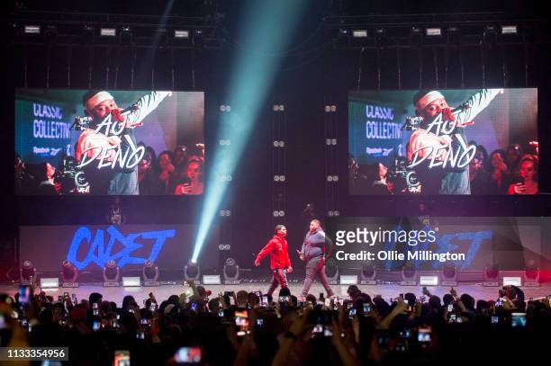 And Deno perform on stage during GRM Daily Presents The Rated Legend Tribute Show In Memory Of Cadet at Brixton Academy on March 2, 2019 in London,...