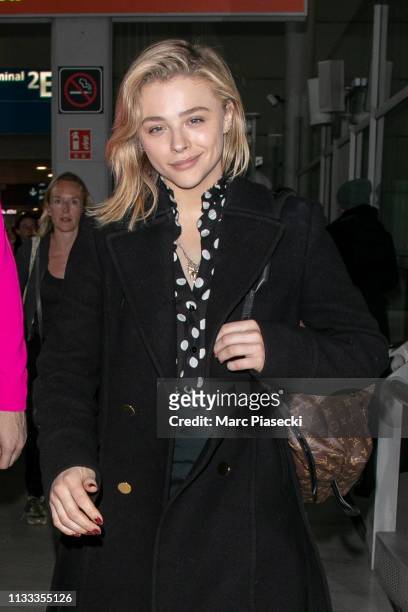 Actress Chloe Moretz is seen arriving at Airport Roissy Charles de Gaulle on March 03, 2019 in Paris, France.