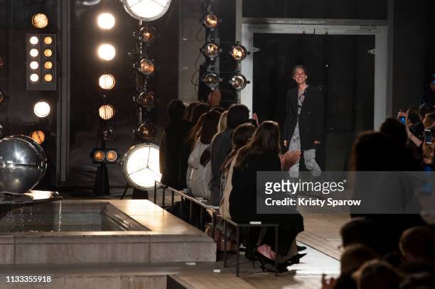 Designer Isabel Marant acknowledges the audience during the Isabel Marant show as part of Paris Fashion Week Womenswear Fall/Winter 2019/2020 on...