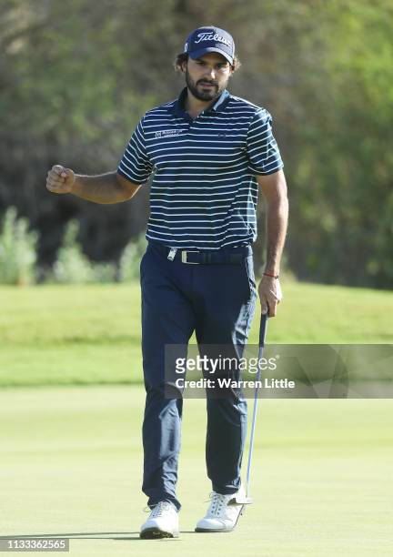 Clement Sordet of France celebrates his birdie putt on the 17th hole during Day fourof the Oman Golf Classic at Al Mouj Golf on March 03, 2019 in...