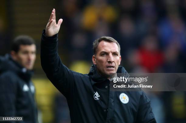 Brendan Rodgers, Manager of Leicester City reacts during the Premier League match between Watford FC and Leicester City at Vicarage Road on March 03,...