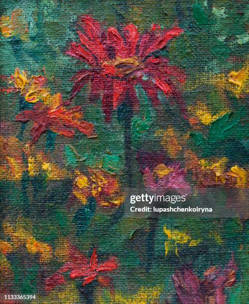 fashionable summer illustration modern art work my original oil painting on canvas flowers  vertical still life landscape blooming zinnia elegant and calendula medicinal on a garden flowerbed against the green grass of the leaves and stems of other plants - elegans stock illustrations