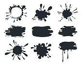 Black paint blob. Brush pen splatter shapes, current paint stains, liquid dripping melted chocolate. Vector paint drip for symbol