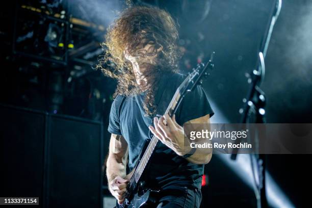Former Megadeth member Chris Broderick on stage with members of In Flames as they perform perform with Within Temptation at PlayStation Theater on...