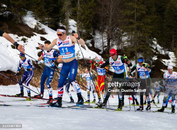 Andrew Musgrave of Great Britain competes in the Men's 50km Cross Country mass start during the FIS Nordic World Ski Championships on March 3, 2019...