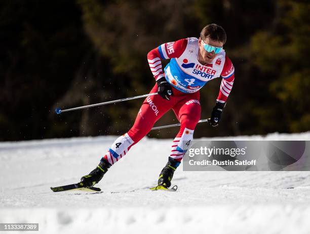 Andrey Melnichenko of Russia competes in the Men's 50km Cross Country mass start during the FIS Nordic World Ski Championships on March 3, 2019 in...