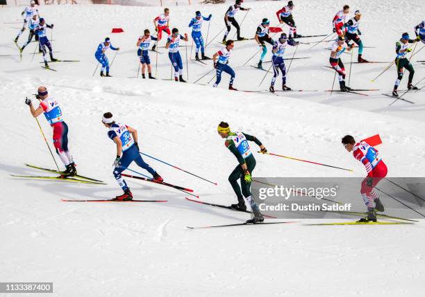 View of skiers during the Men's 50km Cross Country mass start during the FIS Nordic World Ski Championships on March 3, 2019 in Seefeld, Austria.