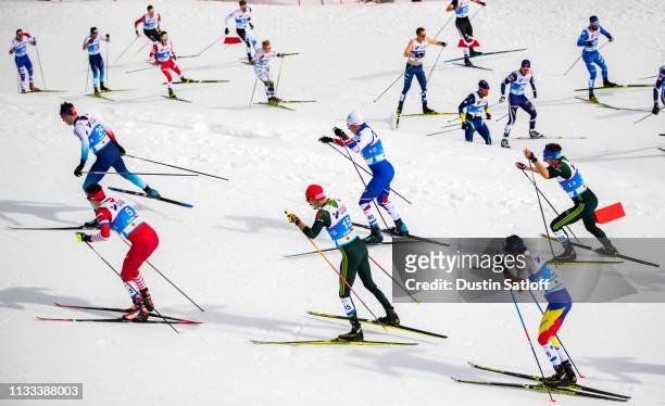 View of skiers during the Men's 50km Cross Country mass start during the FIS Nordic World Ski Championships on March 3, 2019 in Seefeld, Austria.