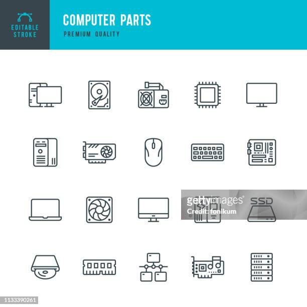 illustrazioni stock, clip art, cartoni animati e icone di tendenza di parti computer - set di icone vettoriali a linea sottile - hard drive