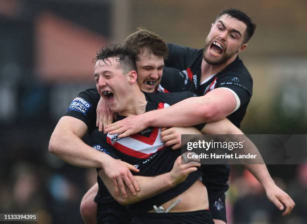 Matt Gee of London Broncos celebrates after scoring his team's second try during the Betfred Super League match between London Broncos and Wigan...