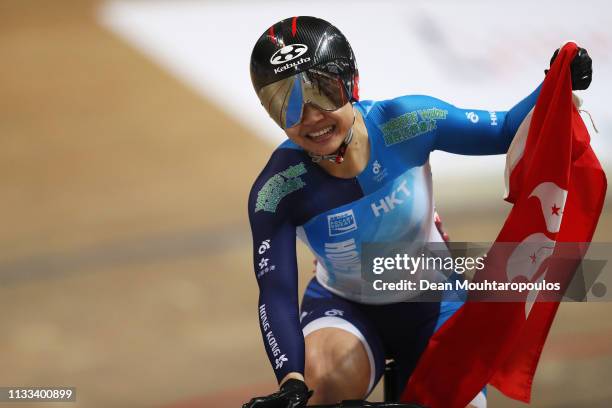 Lee Wai Sze of Hong Kong celebrates winning the gold medal in the Women's Keirin Final on day five of the UCI Track Cycling World Championships held...