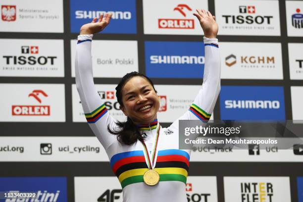 Lee Wai Sze of Hong Kong celebrates winning the gold medal in the Women's Keirin Final on day five of the UCI Track Cycling World Championships held...