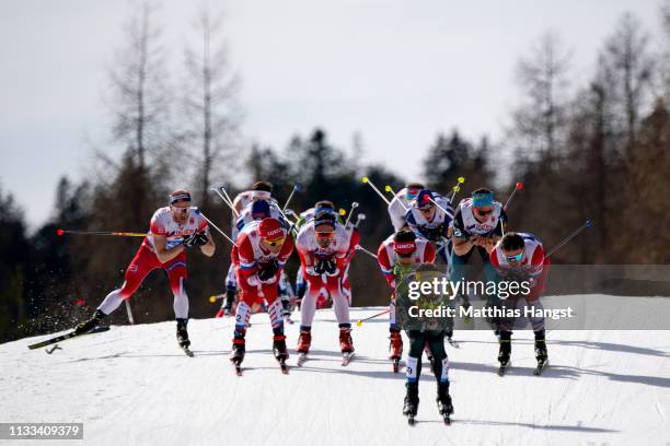 Andreas Katz of Germany leads the field during the Men's Cross Country 50k race during the FIS Nordic World Ski Championships on March 03, 2019 in...