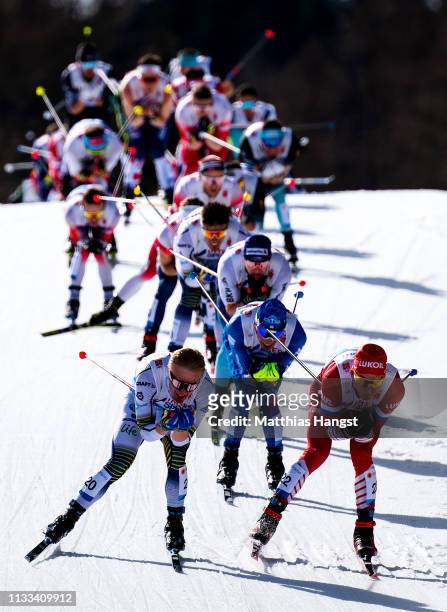 General view as athletes compete in the Men's Cross Country 50k race during the FIS Nordic World Ski Championships on March 03, 2019 in Seefeld,...