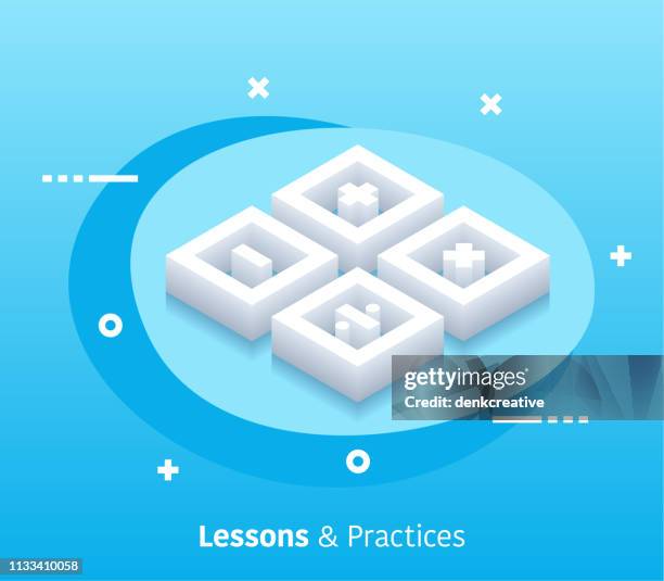 isometric lessons & practices vector web banner & icon design - math problem stock illustrations