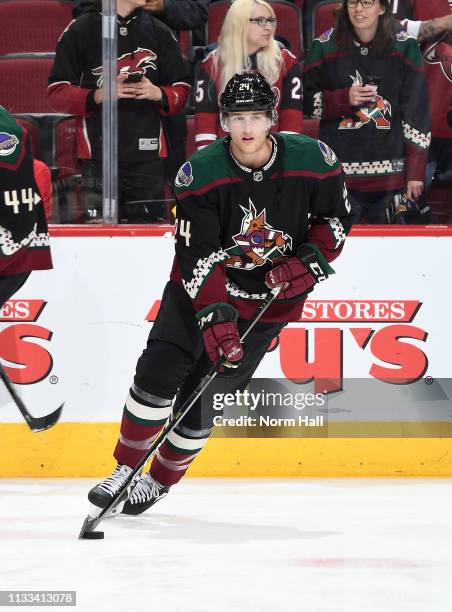 Hudson Fasching of the Arizona Coyotes skates during warmups prior to a game against the Detroit Red Wings at Gila River Arena on March 2, 2019 in...