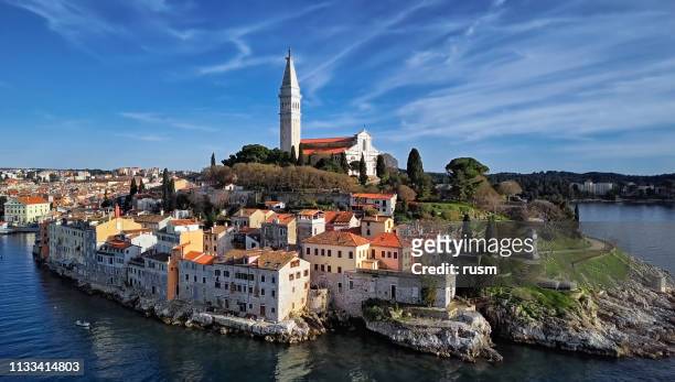 aerial view of old town rovinj,. istria, croatia. - rovinj stock pictures, royalty-free photos & images