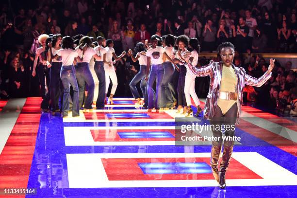 Grace Jones walks the runway during the Tommy Hilfiger TOMMYNOW Spring 2019 : TommyXZendaya Premieres at Theatre des Champs-Elysees on March 02, 2019...