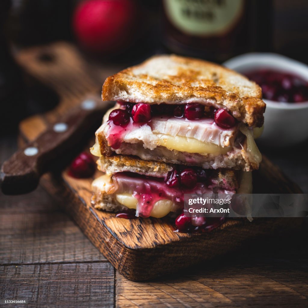 Grilled cheese sandwich with turkey and cranberry sauce