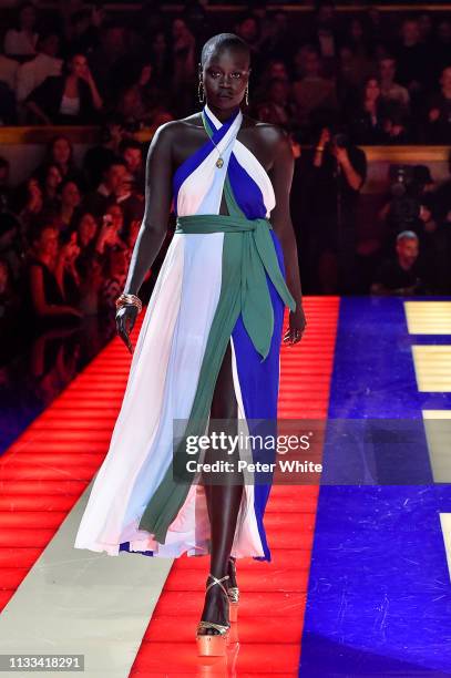 Model walks the runway during the Tommy Hilfiger TOMMYNOW Spring 2019 : TommyXZendaya Premieres at Theatre des Champs-Elysees on March 02, 2019 in...