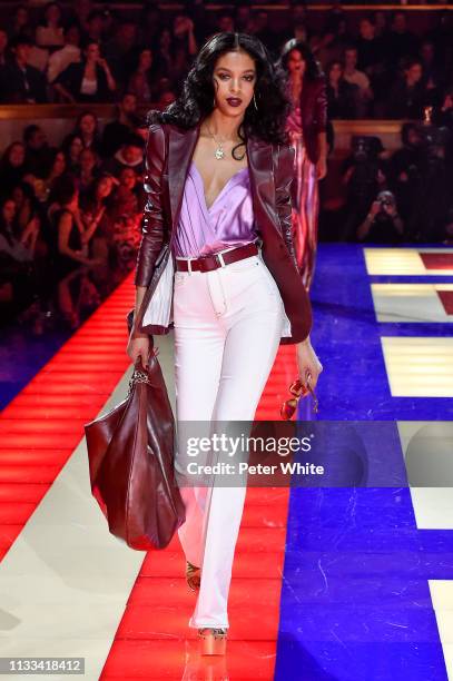 Model walks the runway during the Tommy Hilfiger TOMMYNOW Spring 2019 : TommyXZendaya Premieres at Theatre des Champs-Elysees on March 02, 2019 in...