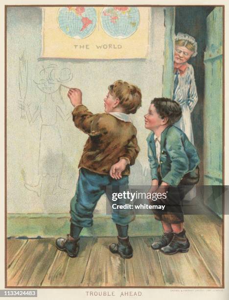 naughty victorian schoolboy drawing a caricature of his teacher on the wall - and she's watching him! - mischief stock illustrations