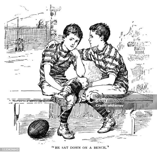 ilustrações, clipart, desenhos animados e ícones de dois meninos do victorian no jogo do futebol do rugby que fala em um banco - stage costume