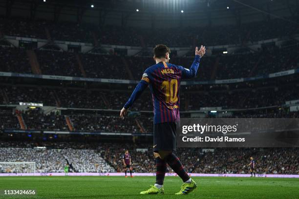 Lionel Messi of FC Barcelona looks on during the La Liga match between Real Madrid CF and FC Barcelona at Estadio Santiago Bernabeu on March 02, 2019...