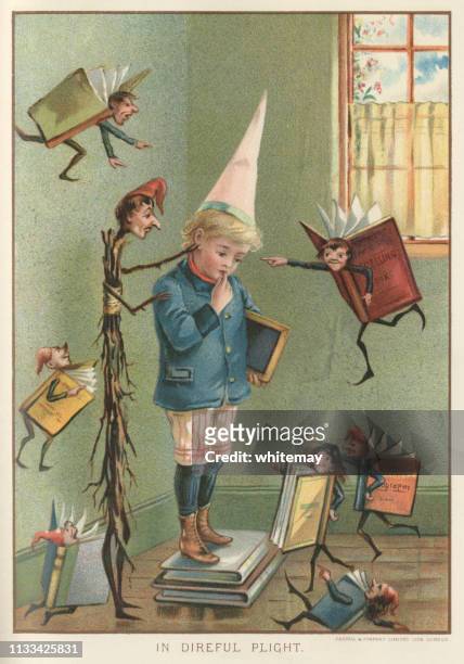 unfortunate victorian schoolboy being punished and bullied by his schoolbooks - dunce cap stock illustrations