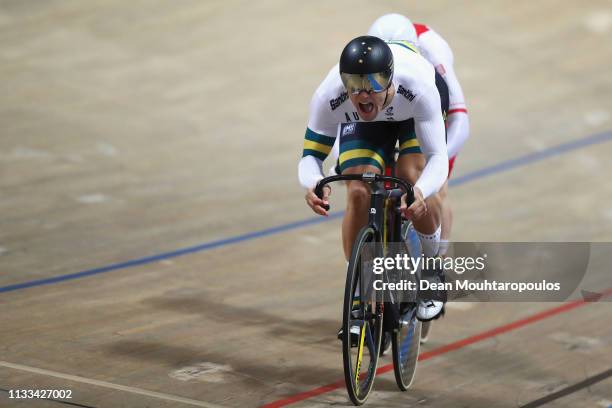 Matthew Glaetzer of Australia and Mateusz Rudyk of Poland compete in the Men's sprint bronze medal race race on day five of the UCI Track Cycling...