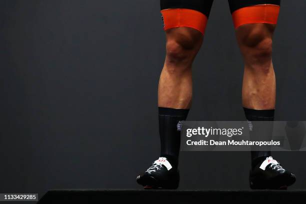 Jeffrey Hoogland of Netherlands poses on the podium for the Men's sprint race on day five of the UCI Track Cycling World Championships held in the...