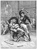 Victorian lion-tamer attempting to stop a dog and a lion fighting