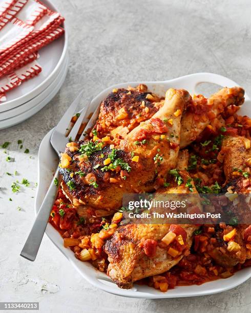 March 27: Chicken saute with tomatoes pancetta and a kiss of vinegar photographed for Voraciously at The Washington Post via Getty Images in...