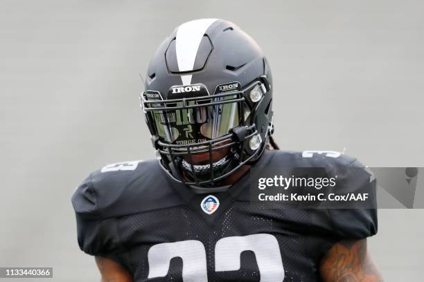 Trent Richardson of the Birmingham Iron looks on before an Alliance of American Football game against the San Antonio Commanders at Legion Field on...