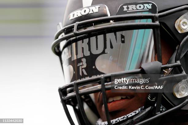 Detail as Trent Richardson of the Birmingham Iron looks on before an Alliance of American Football game against the San Antonio Commanders at Legion...