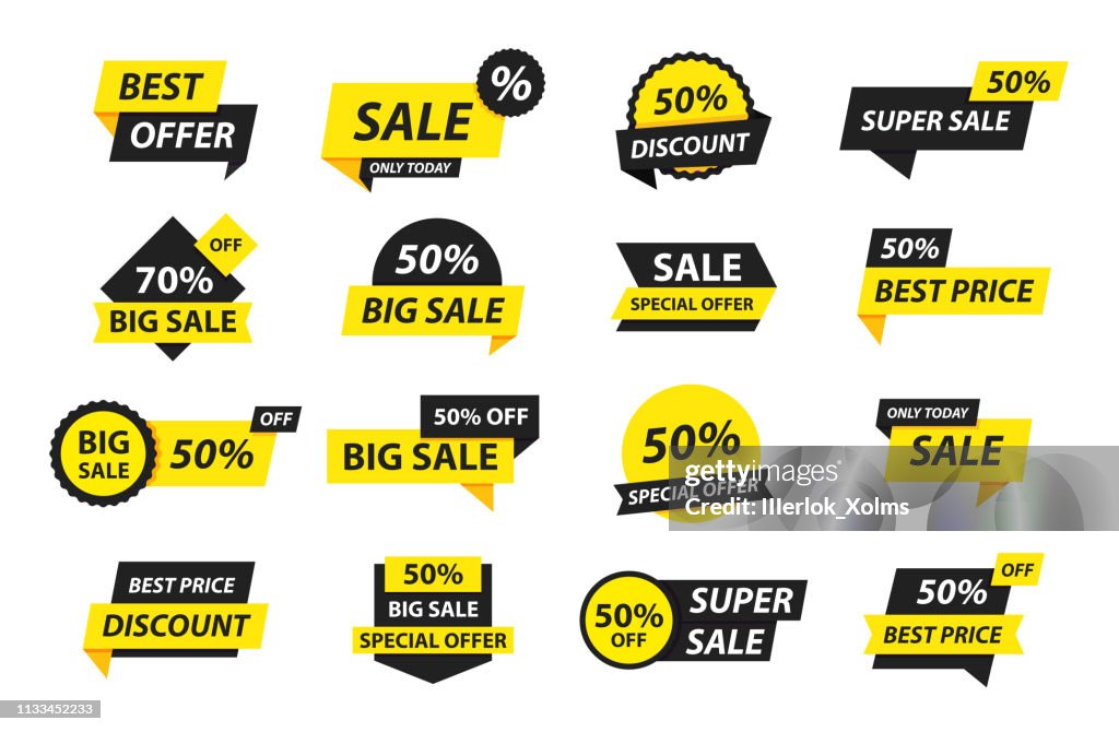 Verkoop tags collectie. Speciale aanbieding, grote verkoop, korting, beste prijs, Mega verkoop banner set. Winkel of online winkelen. Sticker, badge, coupon, op te slaan. Vector illustratie.