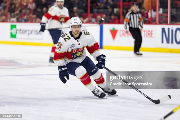 Florida Panthers Center Denis Malgin applies pressure on the forecheck during third period National Hockey League action between the Florida Panthers...