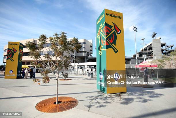 General view of the Arizona Hotshots signage is seen outside Sun Devil Stadium before the start of the Alliance of American Football game between the...