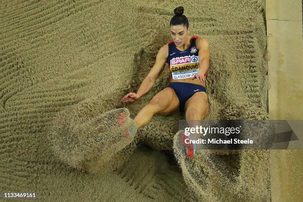 Ivana Spanovic of Serbia in action during her victory in the women's long jump final during day three of the 2019 European Athletics Indoor...