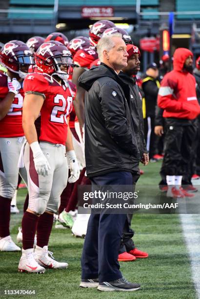 San Antonio Commanders general manager Daryl Johnston looks on during an Alliance of American Football game against the Birmingham Iron at Legion...
