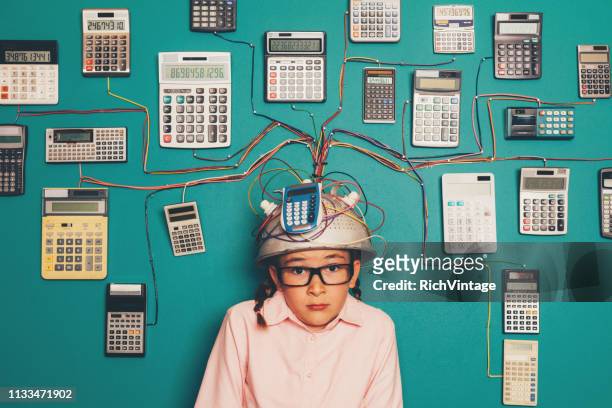 young nerd girl anxious with calculator invention - massage funny stock pictures, royalty-free photos & images