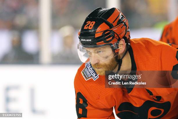 Claude Giroux of the Philadelphia Flyers looks on against the Pittsburgh Penguins at the 2019 Coors Light NHL Stadium Series on February 23, 2019 at...