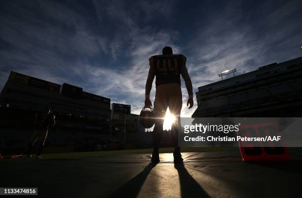 Jeff Overbaugh of the Atlanta Legends stands on the field before playing in the Alliance of American Football game against the Arizona Hotshots at...