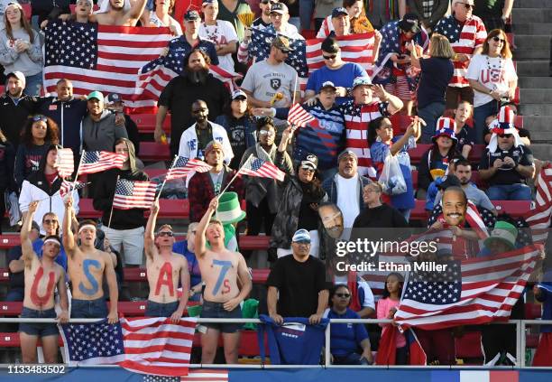 United States fans cheer in the stands during the team's Cup Final match against Samoa during the USA Sevens Rugby tournament at Sam Boyd Stadium on...