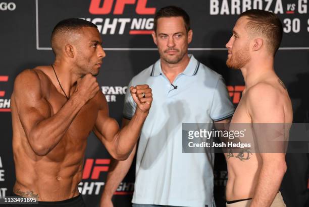 Edson Barboza of Brazil and Justin Gaethje face off during the UFC Fight Night weigh-in at Crowne Plaza Wilmington North on March 29, 2019 in...
