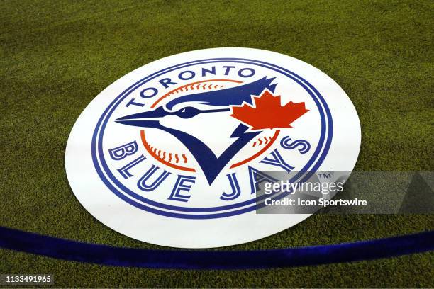 The Toronto Blue Jays team logo as seen on the on-deck circle before the Season Opener MLB game between the Detroit Tigers and Toronto Blue Jays on...