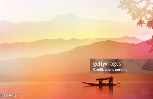 sailing boat on the alpine lake, abstract misty mountain range colourful wallpaper digital art gradiant pastel dramatic backdrop - jammu and kashmir stock pictures, royalty-free photos & images