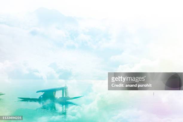 sailing boat on the alpine lake, abstract misty mountain range colourful wallpaper digital art gradiant pastel dramatic backdrop - jammu and kashmir stock pictures, royalty-free photos & images