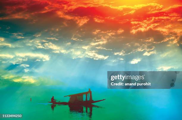 sailing boat on the alpine lake, abstract misty mountain range colourful wallpaper digital art gradiant pastel dramatic backdrop - vale de caxemira - fotografias e filmes do acervo